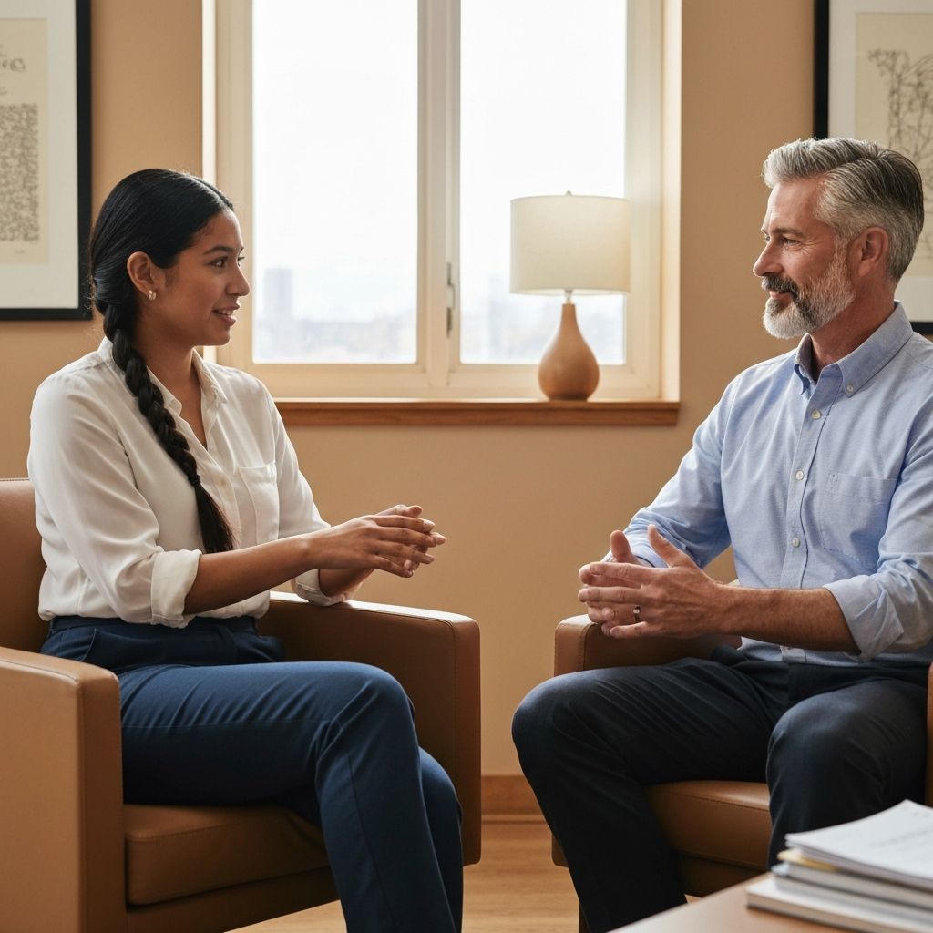 Two professionals in warm conversation in an office setting