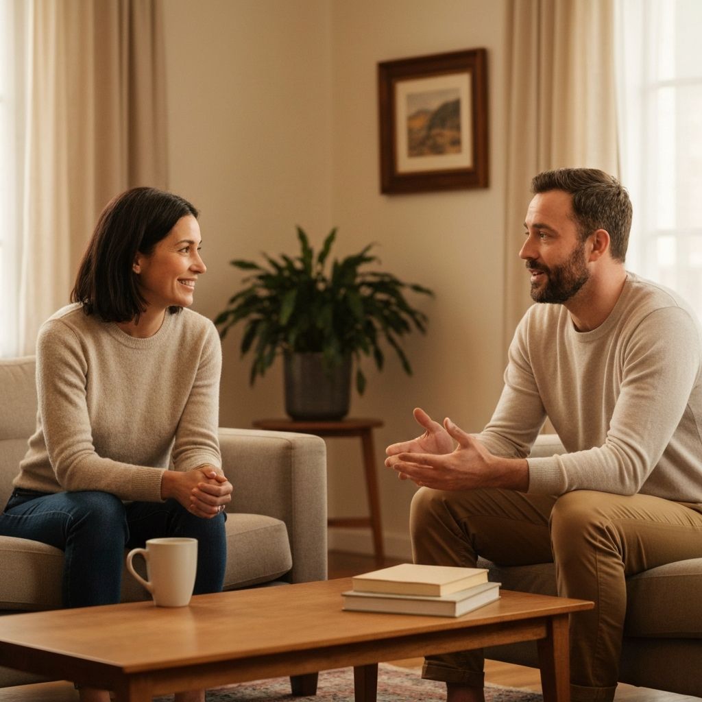 Two people in quiet conversation, one listening attentively, in a calm warm setting
